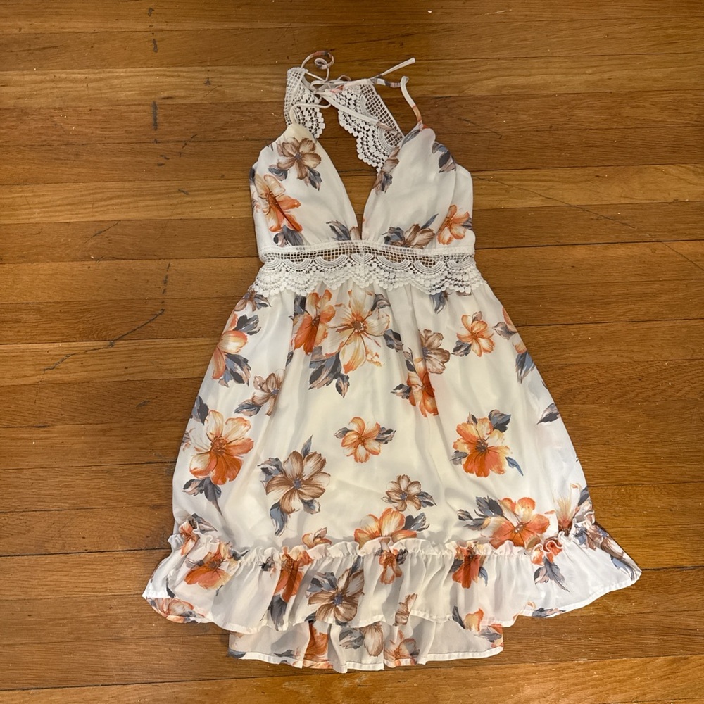 Floral Lace Halter Dress - White and Orange